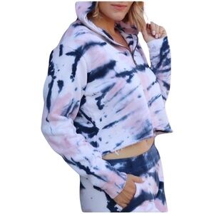 NWT OLI VIV Corey Tie Dye Quarter Zip Crop Hoodie Mauve Navy Cotton Loungewear L